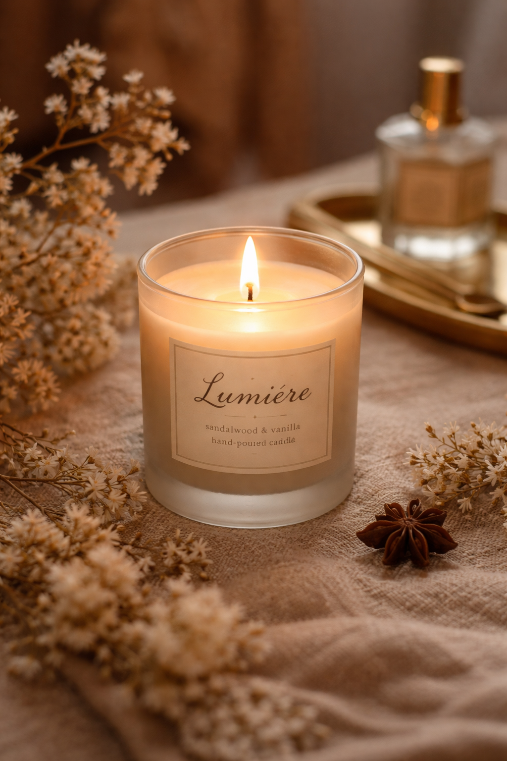 Lumière — sandalwood and vanilla hand-poured candle by Fleur De Lys, displayed with dried flowers and warm candlelight